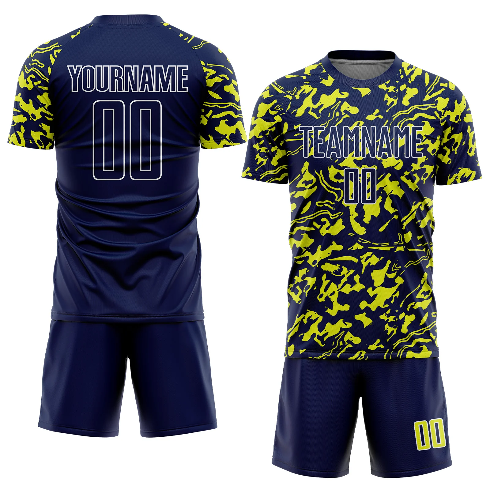 Custom Navy Neon Yellow-White Liquid Fluid Pattern Sports Sublimation Soccer Uniform Jersey - Image 2