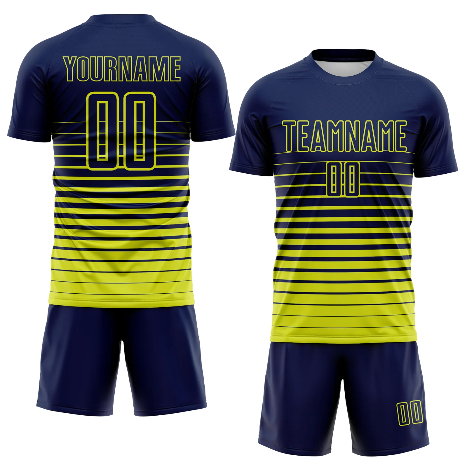 Custom Navy Neon Yellow Gradient Pinstripe Sublimation Soccer Uniform Jersey - Image 2