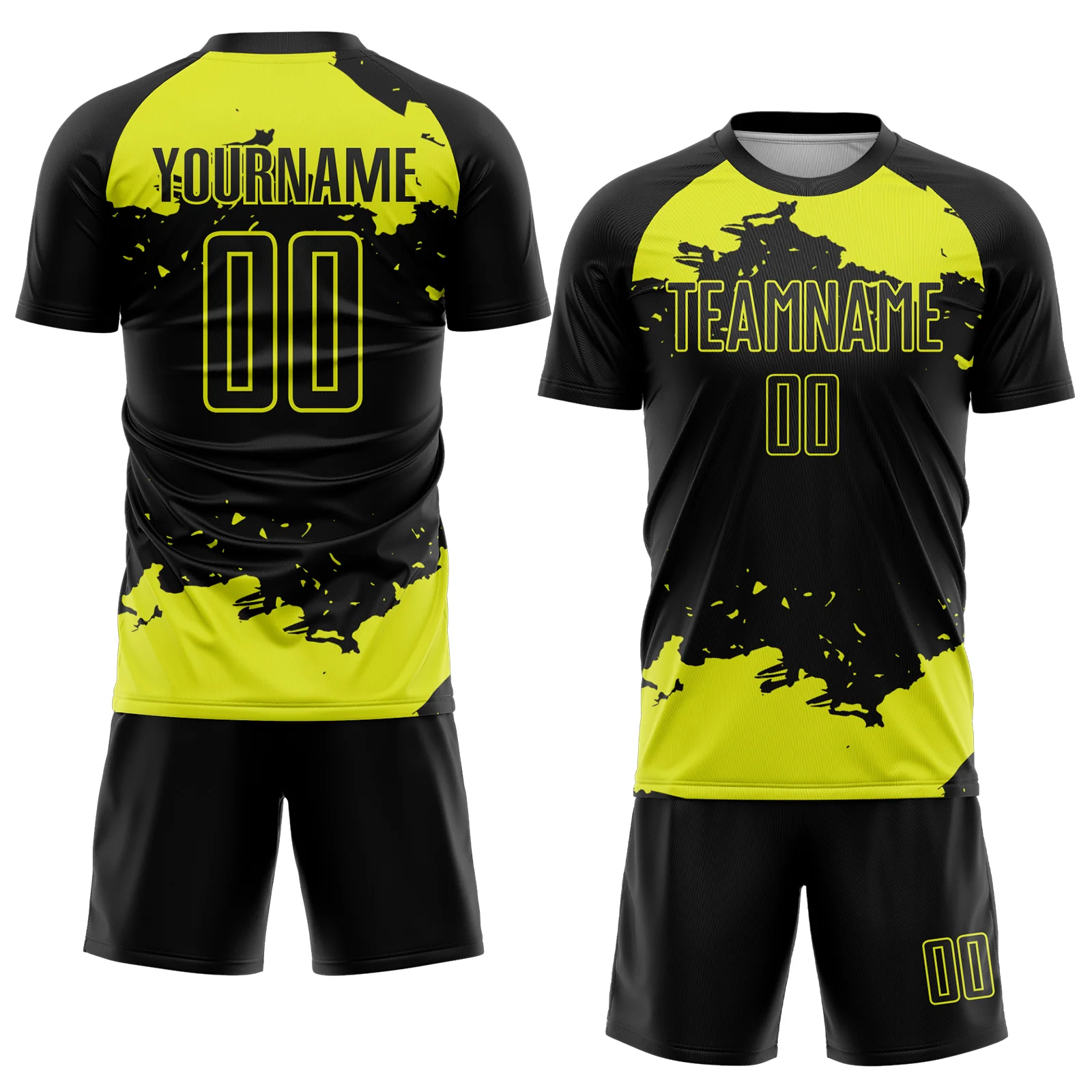 Custom Black Neon Yellow Abstract Fragment Art Sublimation Soccer Uniform Jersey - Image 2
