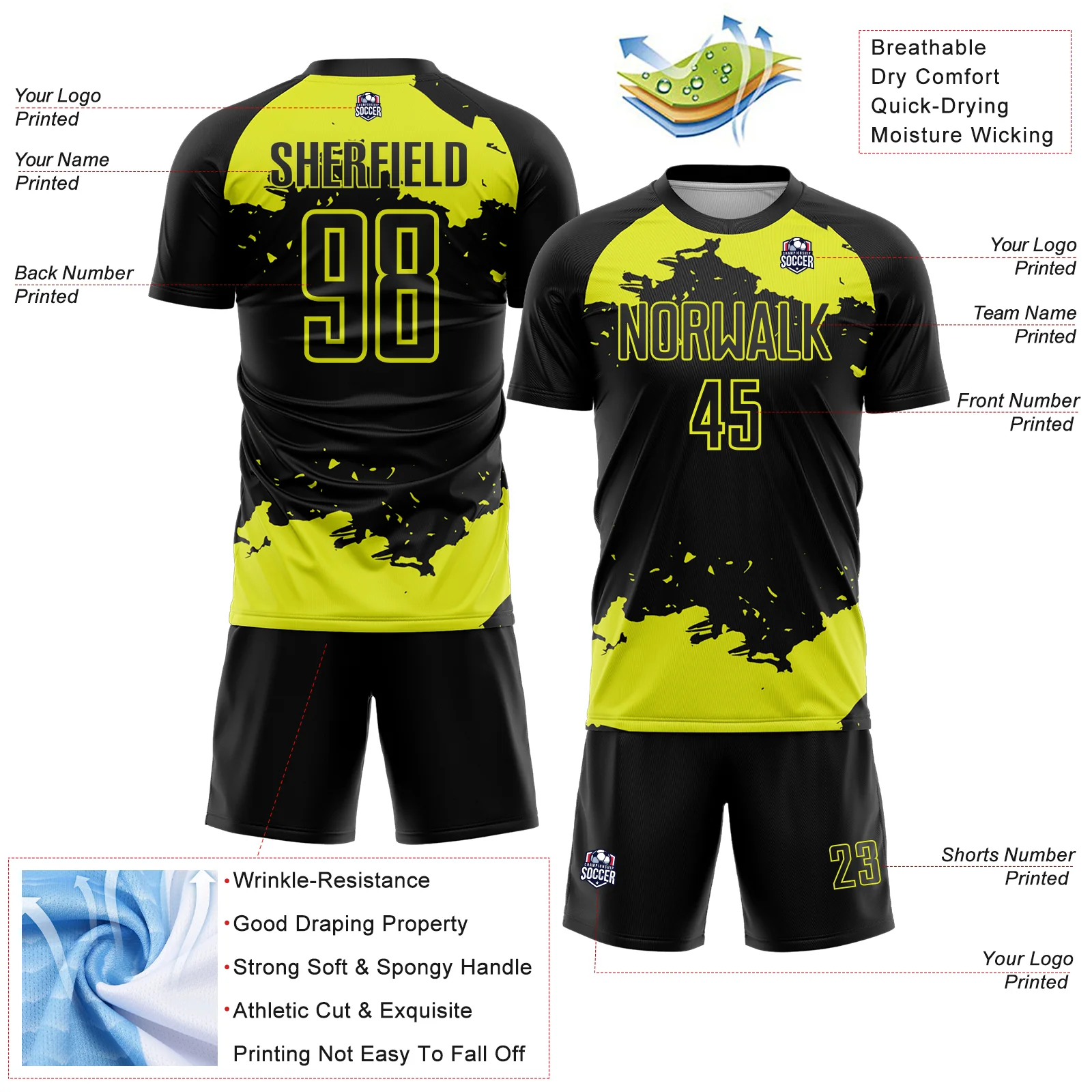 Custom Black Neon Yellow Abstract Fragment Art Sublimation Soccer Uniform Jersey - Image 4