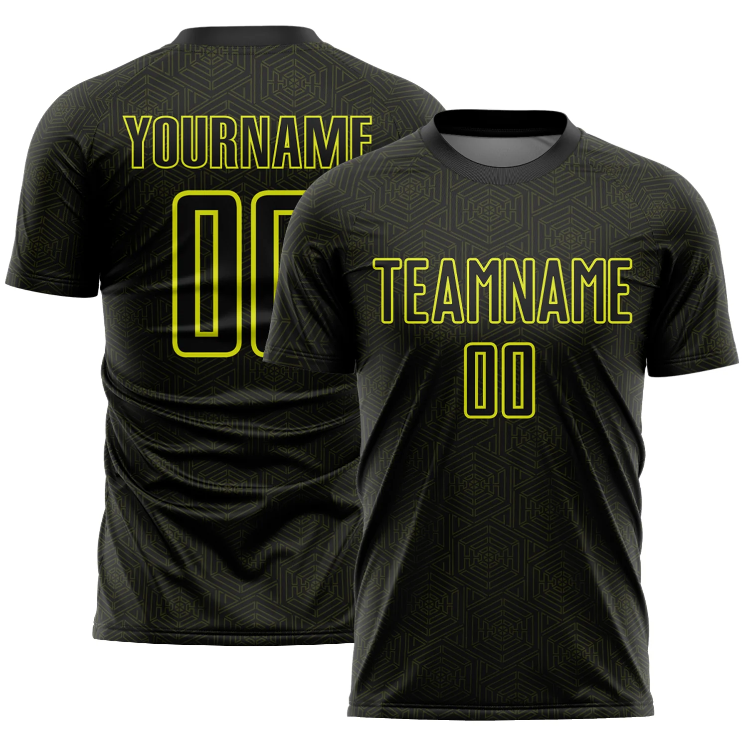 Custom Black Neon Yellow Geometric Shape Sports Sublimation Soccer Uniform Jersey