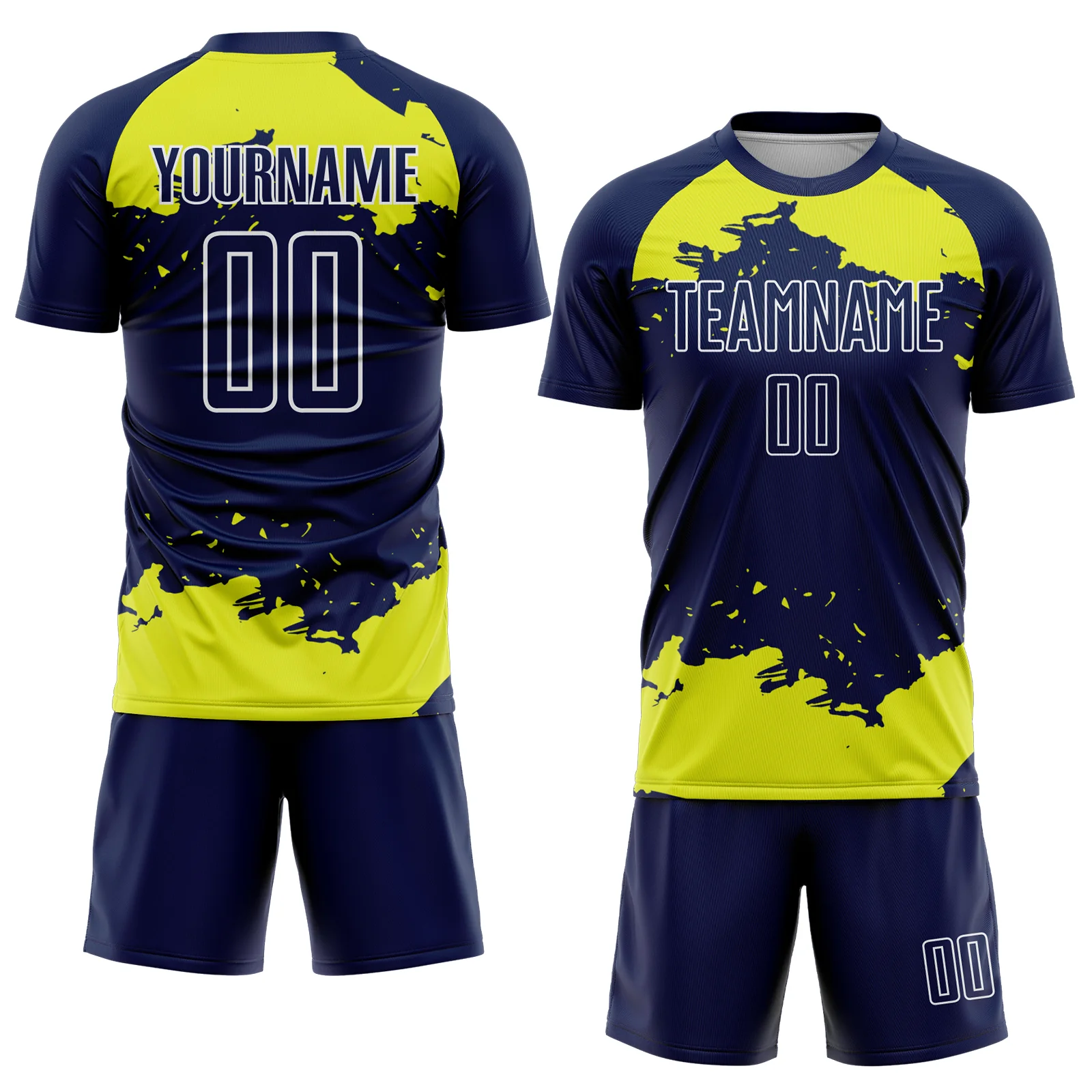 Custom Navy Neon Yellow-White Abstract Fragment Art Sublimation Soccer Uniform Jersey - Image 2