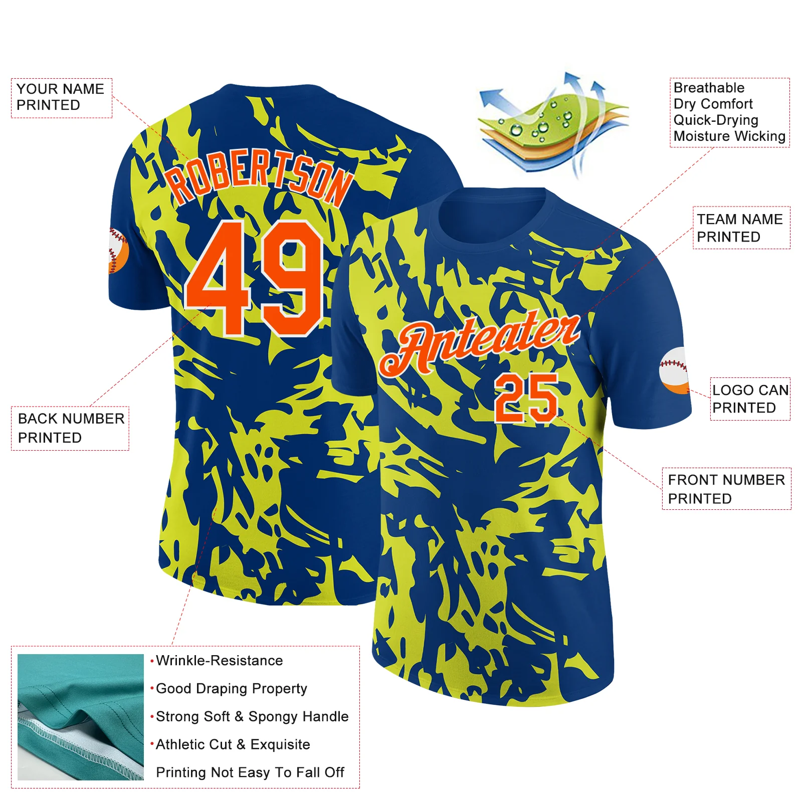 Custom US Navy Blue Orange-Neon Yellow 3D Esports Performance T-Shirt - Image 2