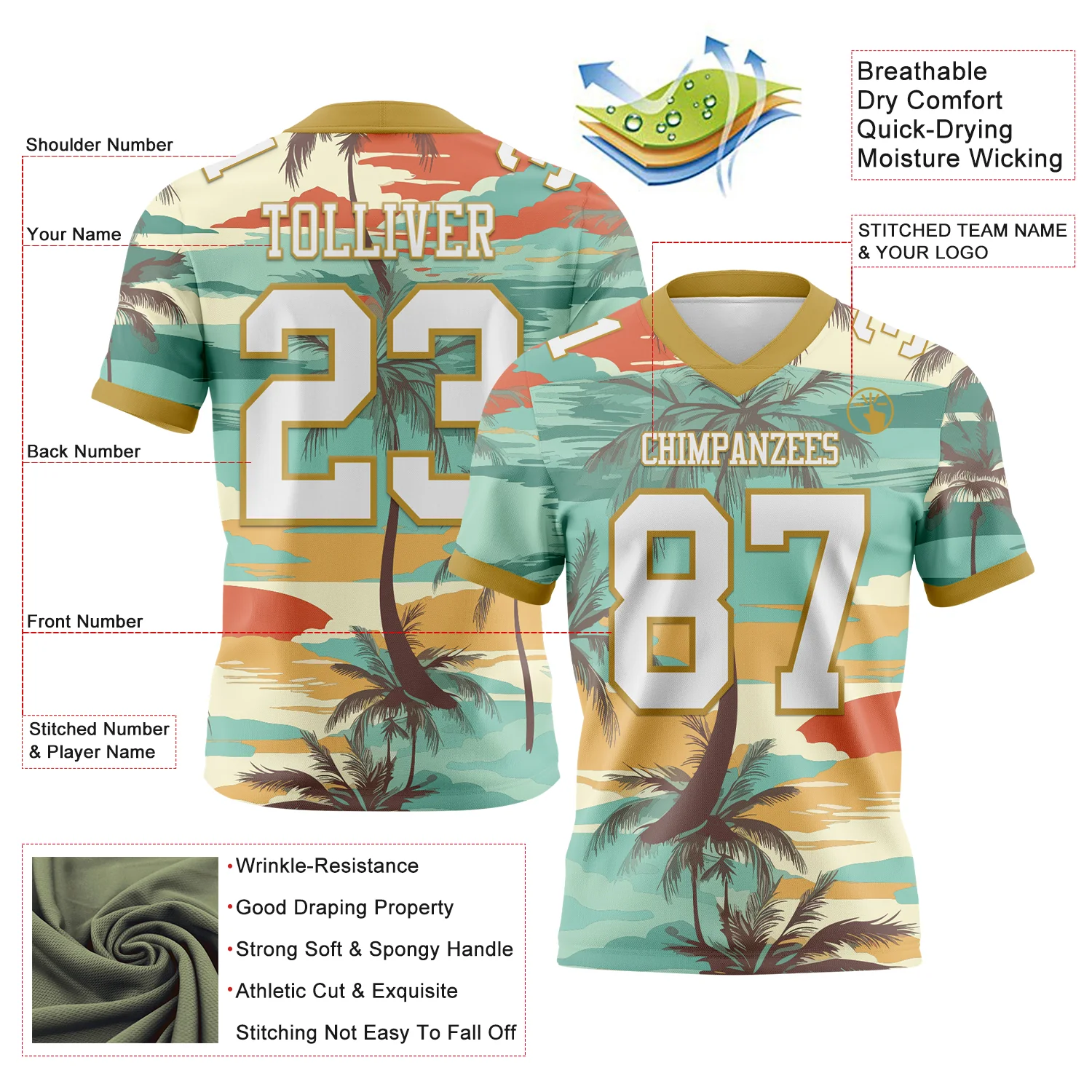 Custom Aqua White-Old Gold 3D Pattern Tropical Hawaii Palm Trees Authentic Football Jersey - Image 3
