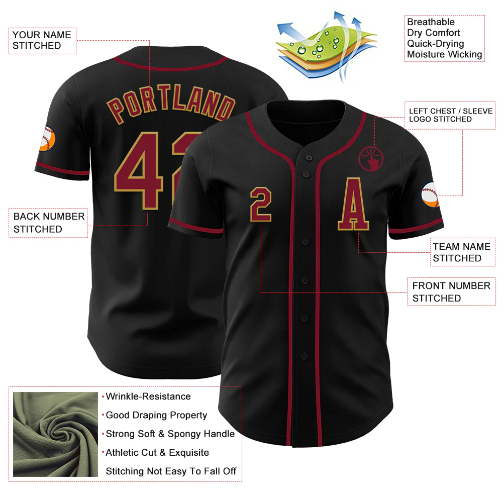 Custom Black Crimson-Old Gold Authentic Baseball Jersey - Image 2