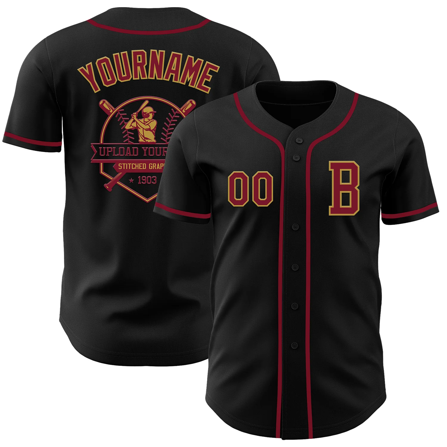 Custom Black Crimson-Old Gold Authentic Baseball Jersey - Image 5