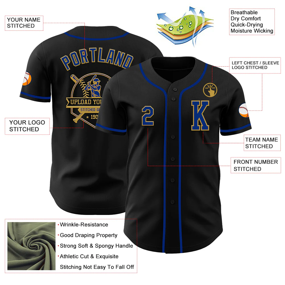 Custom Black Royal-Old Gold Authentic Baseball Jersey - Image 6