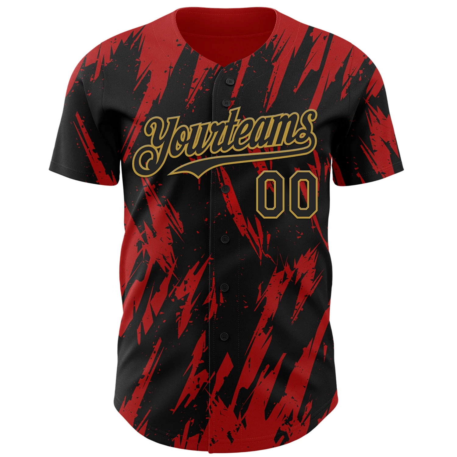 Custom Black Old Gold-Red Splatter Torn Sharp Brush Stroke Authentic Baseball Jersey - Image 2