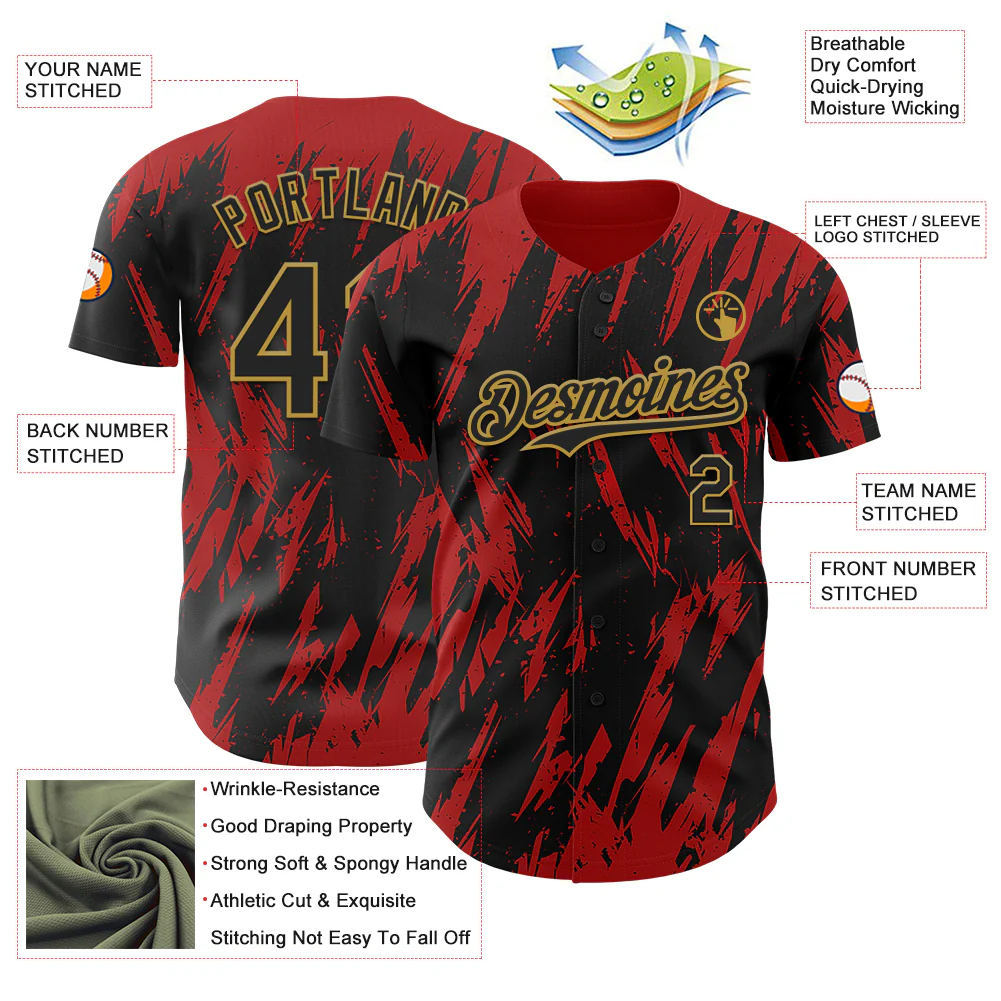 Custom Black Old Gold-Red Splatter Torn Sharp Brush Stroke Authentic Baseball Jersey - Image 3