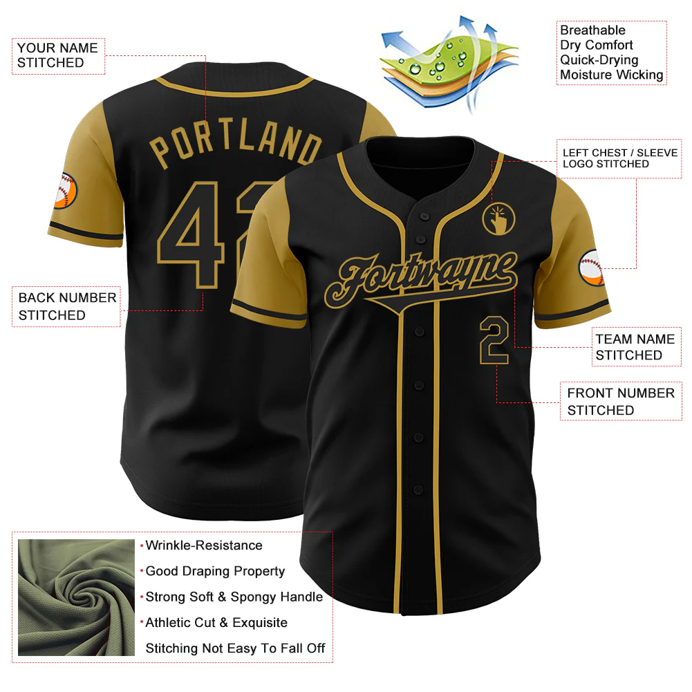 Custom Black Old Gold Authentic Two Tone Baseball Jersey - Image 3