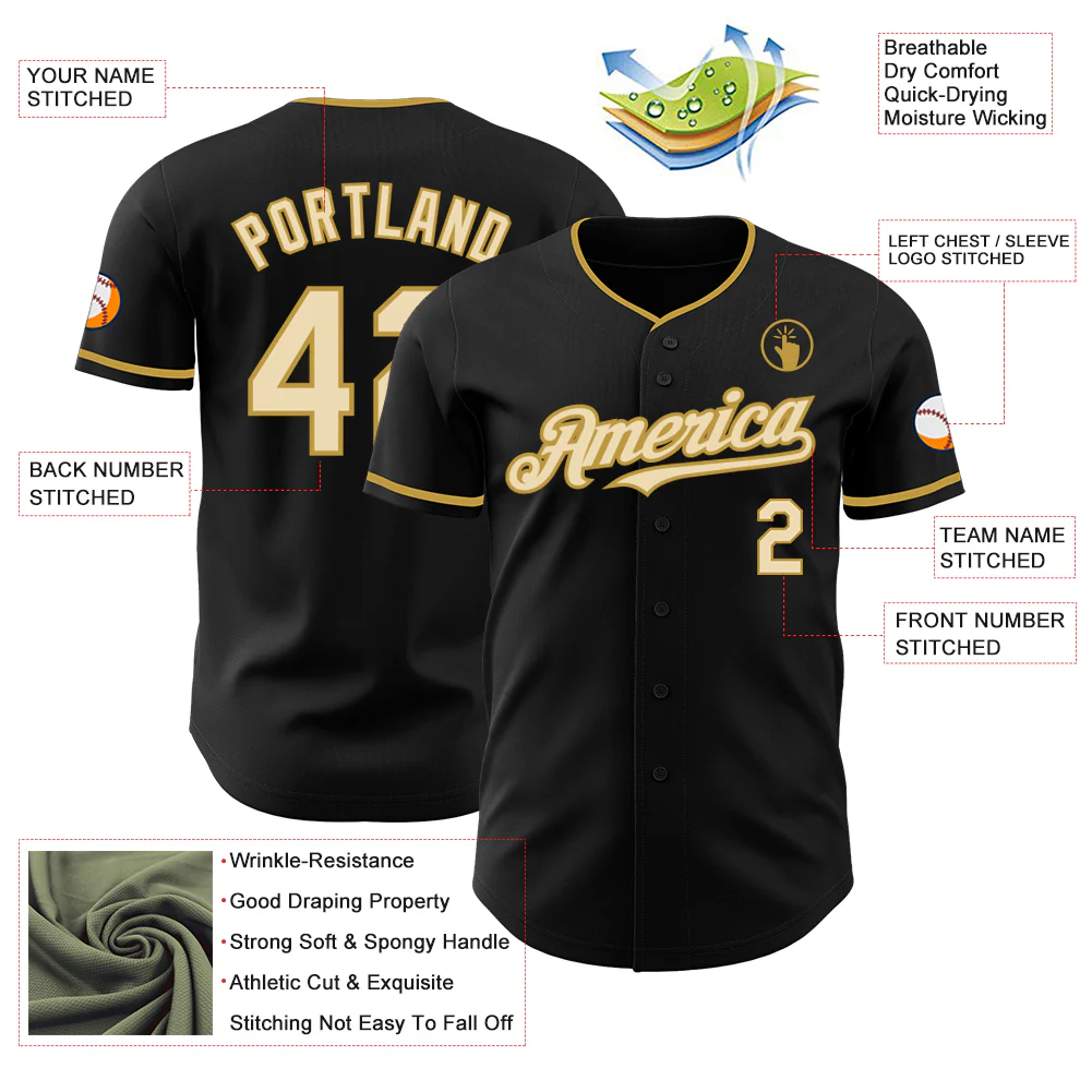 Custom Black Cream-Old Gold Authentic Baseball Jersey - Image 3