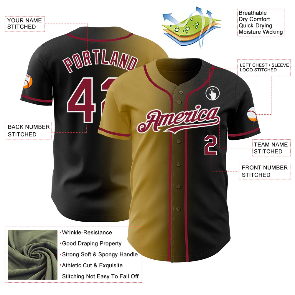 Custom Black Crimson Old Gold-White Authentic Gradient Fashion Baseball Jersey - Image 3