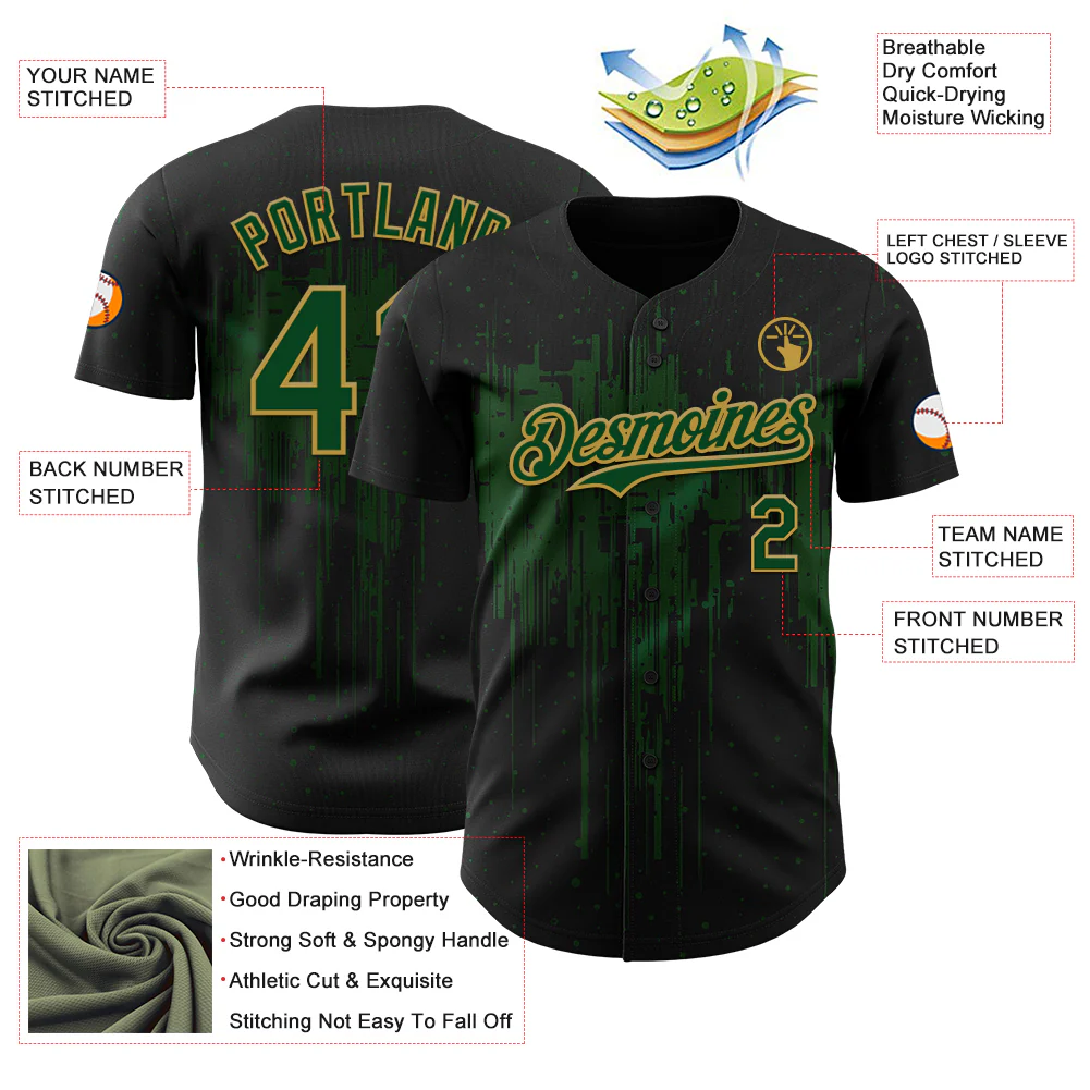 Custom Black Green-Old Gold Dripping Splatter Paint Authentic Baseball Jersey - Image 3
