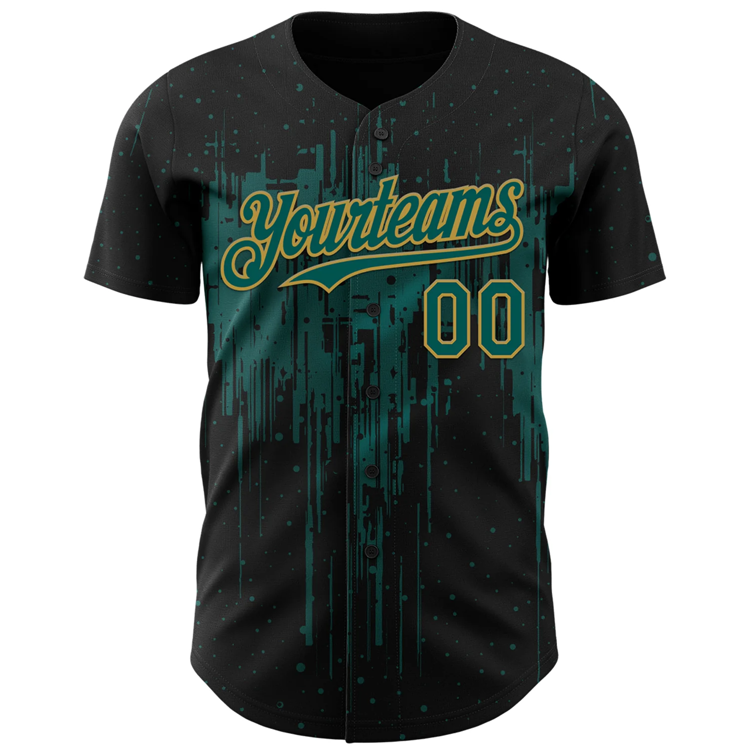 Custom Black Midnight Green-Old Gold Dripping Splatter Paint Authentic Baseball Jersey - Image 2