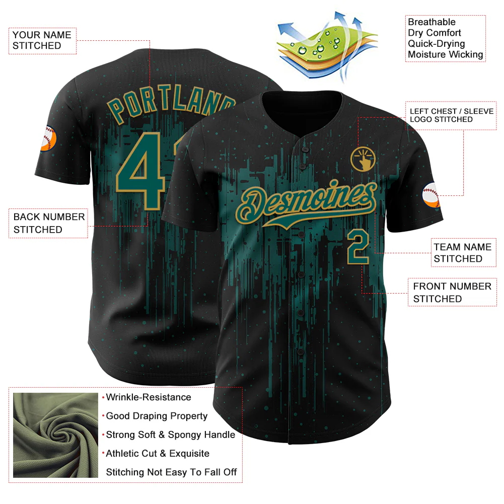 Custom Black Midnight Green-Old Gold Dripping Splatter Paint Authentic Baseball Jersey - Image 3