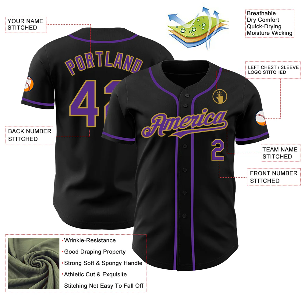 Custom Black Purple-Old Gold Authentic Baseball Jersey - Image 3