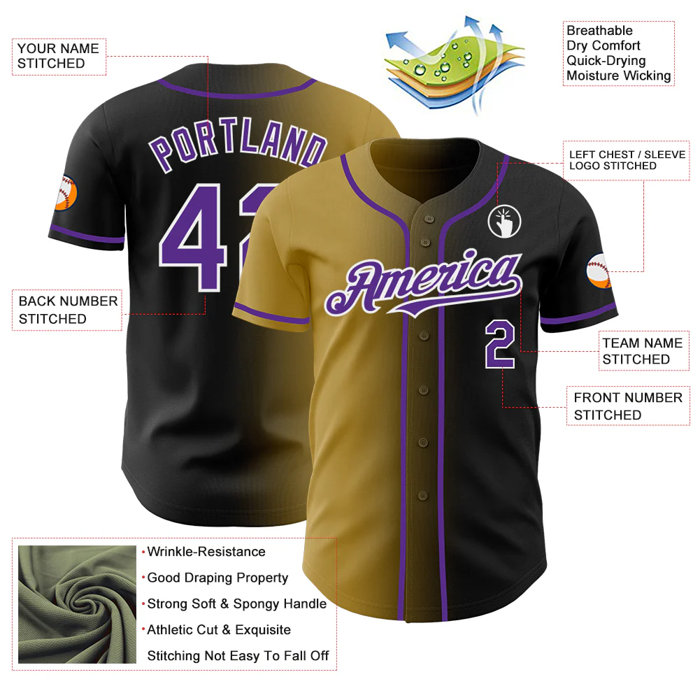 Custom Black Purple Old Gold-White Authentic Gradient Fashion Baseball Jersey - Image 3