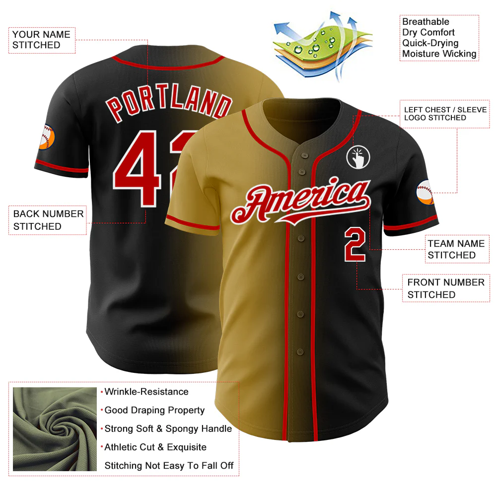 Custom Black Red Old Gold-White Authentic Gradient Fashion Baseball Jersey - Image 3