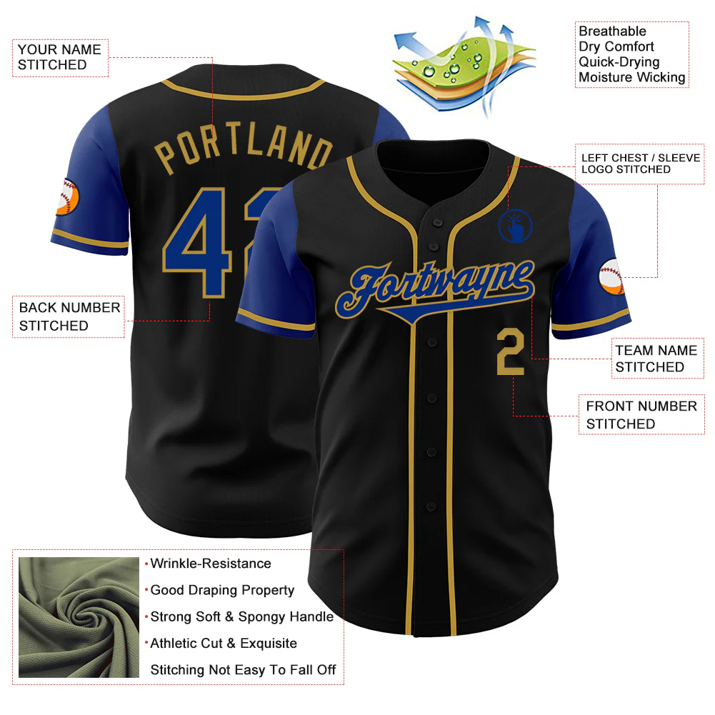 Custom Black Royal-Old Gold Authentic Two Tone Baseball Jersey - Image 3