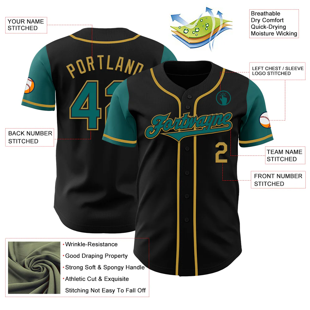 Custom Black Teal-Old Gold Authentic Two Tone Baseball Jersey - Image 3
