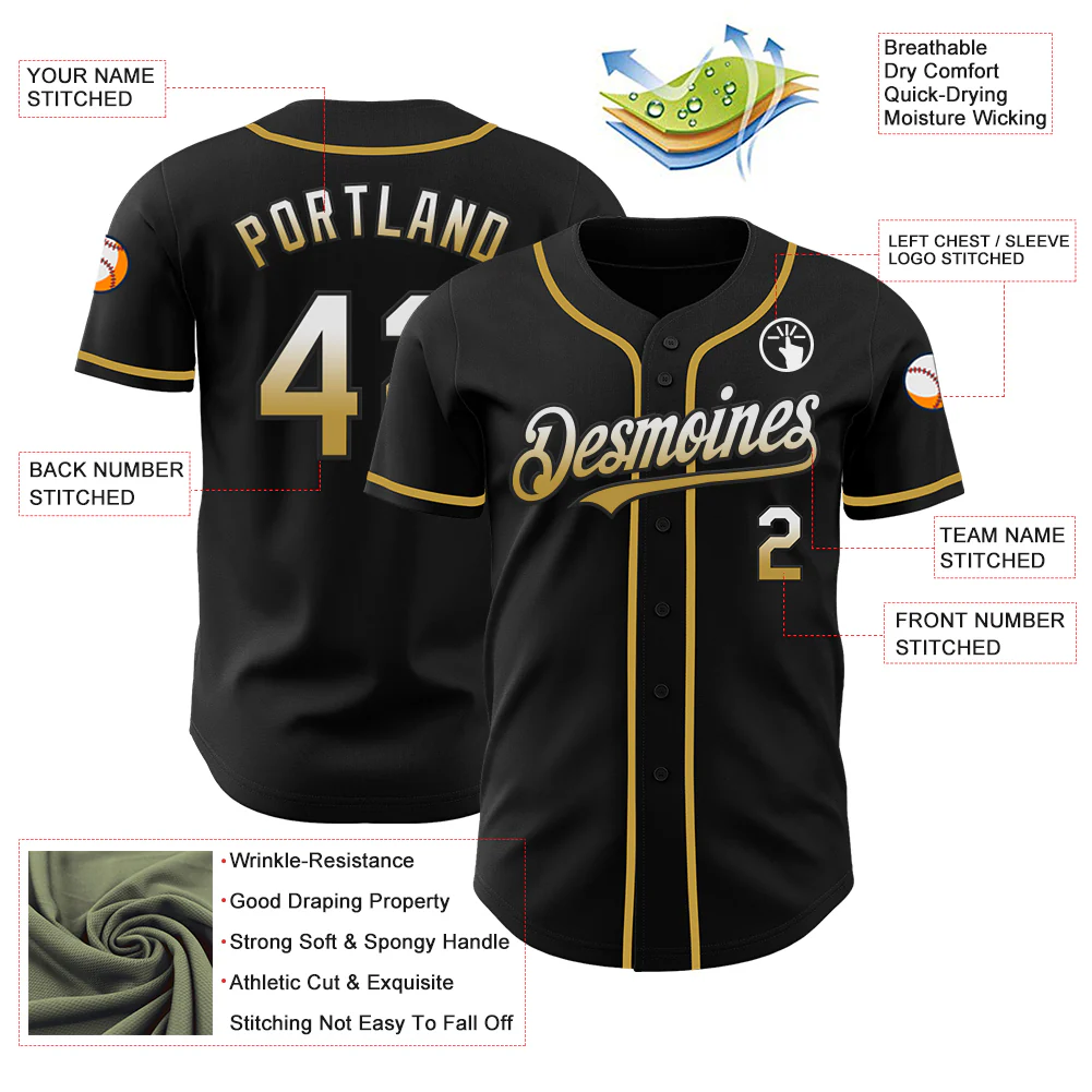 Custom Black White-Old Gold Authentic Fade Fashion Baseball Jersey - Image 3