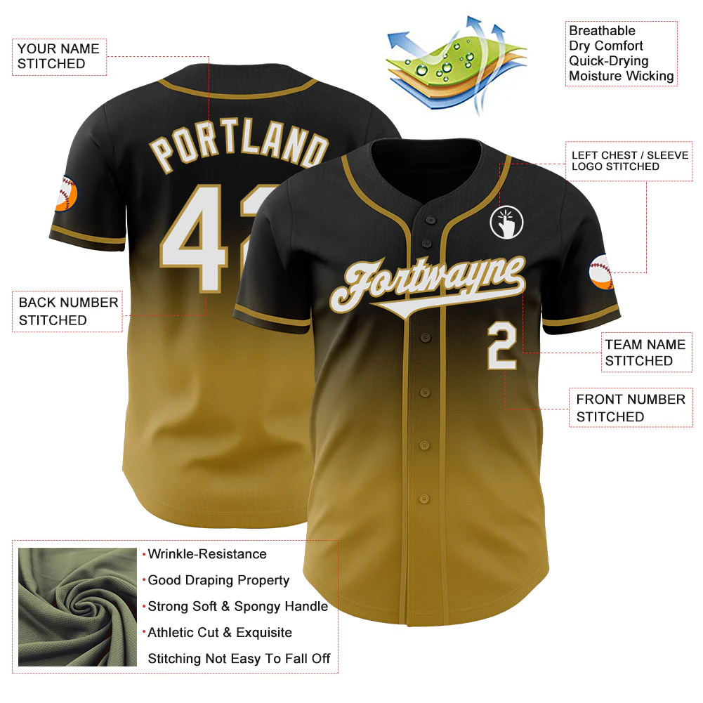 Custom Black White-Old Gold Authentic Fade Fashion Baseball Jersey - Image 3