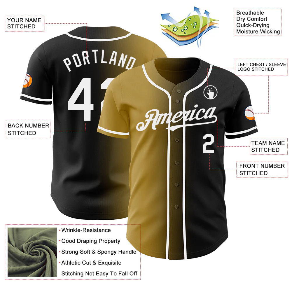 Custom Black White-Old Gold Authentic Gradient Fashion Baseball Jersey - Image 3