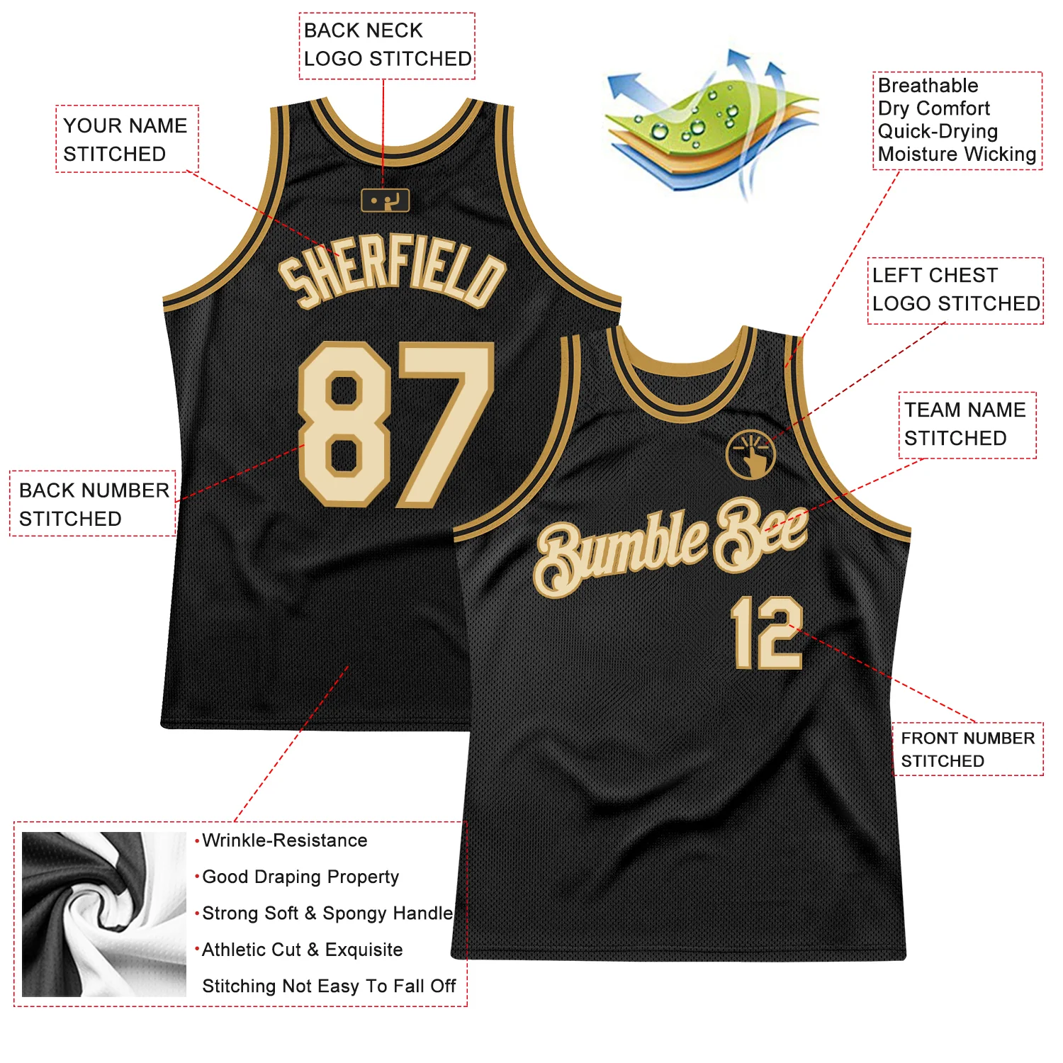 Custom Black Cream-Old Gold Authentic Throwback Basketball Jersey - Image 2