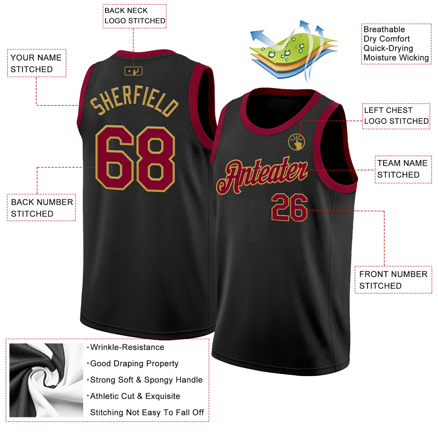 Custom Black Maroon-Old Gold Authentic Basketball Jersey - Image 2