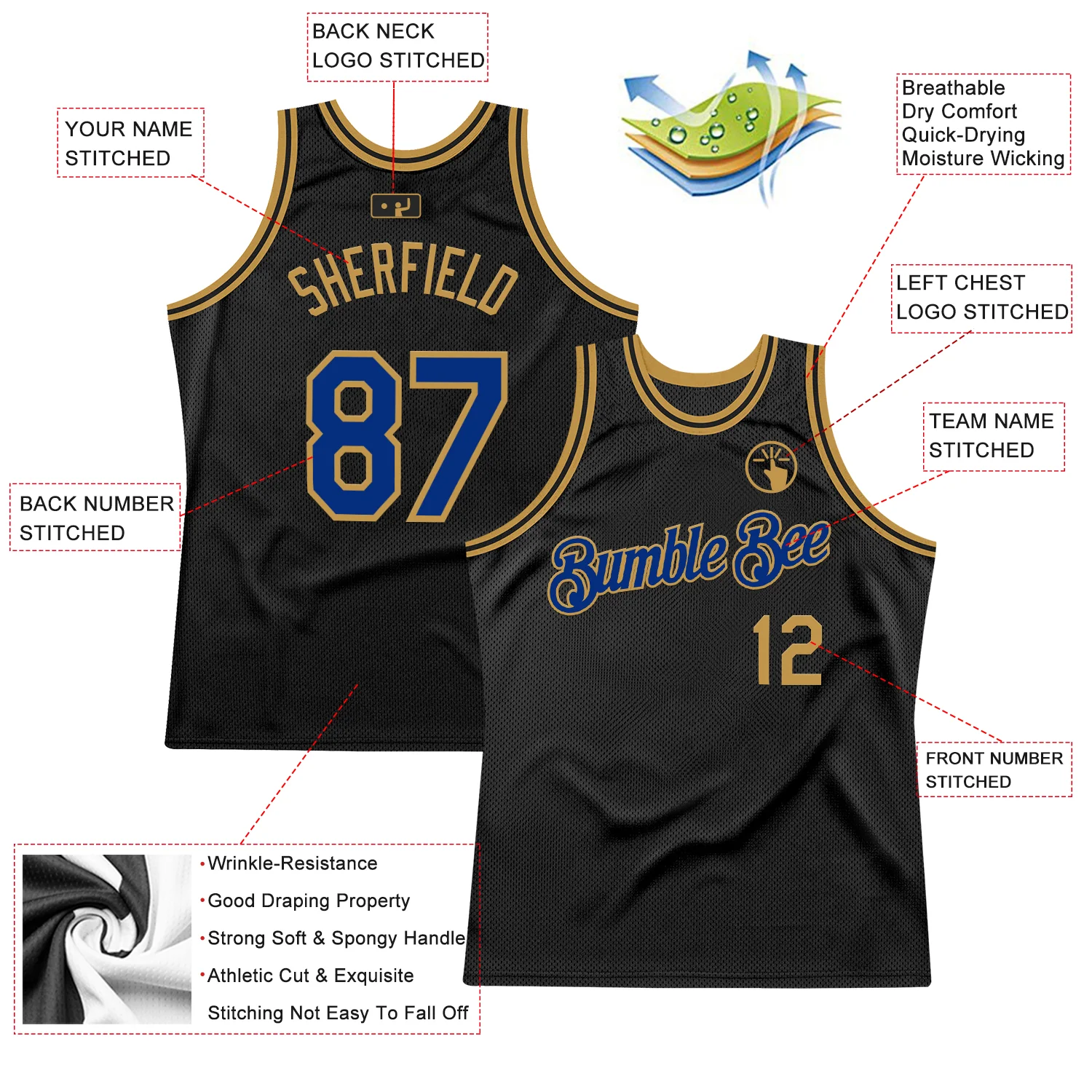 Custom Black Royal-Old Gold Authentic Throwback Basketball Jersey - Image 2