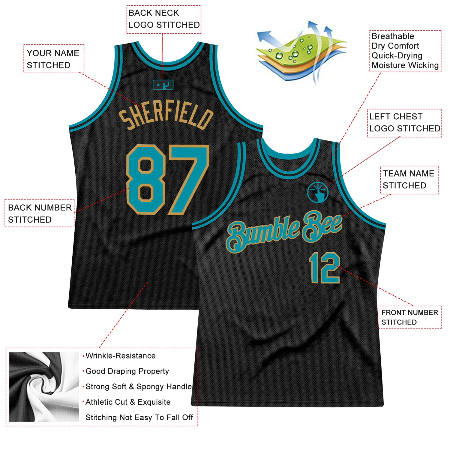 Custom Black Teal-Old Gold Authentic Throwback Basketball Jersey - Image 2