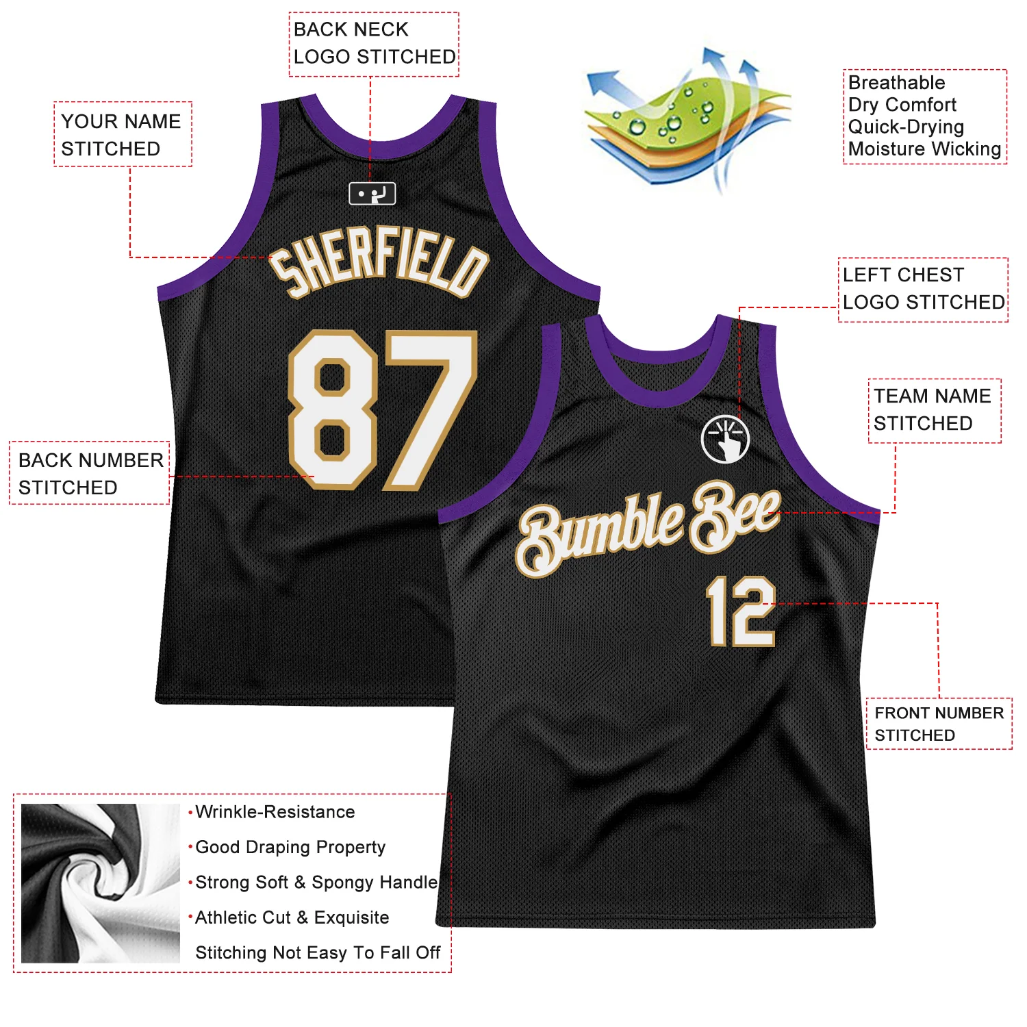 Custom Black Old Gold-Purple Authentic Throwback Basketball Jersey - Image 2