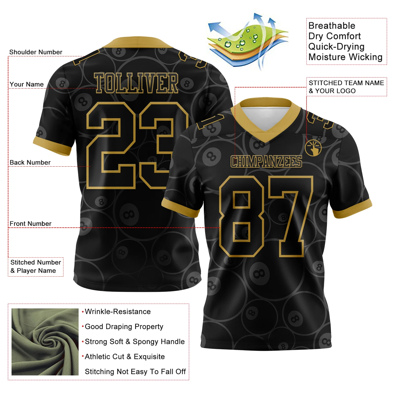 Custom Black Old Gold 3D Pattern Billiards Snooker 8 Ball Authentic Football Jersey - Image 3