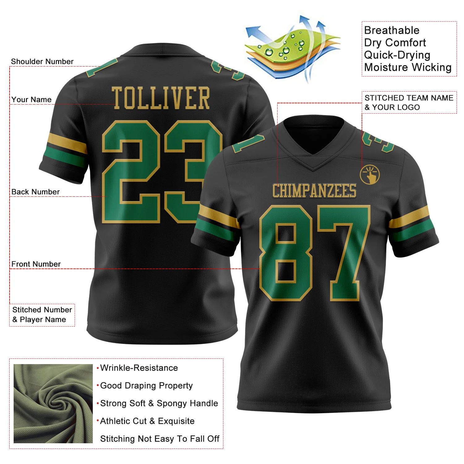 Custom Black Kelly Green-Old Gold Authentic Football Jersey - Image 3