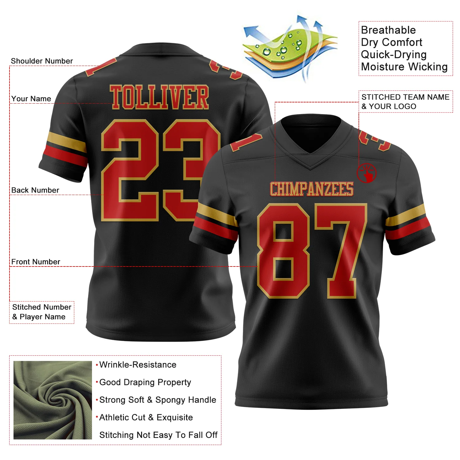 Custom Black Red-Old Gold Authentic Football Jersey - Image 3