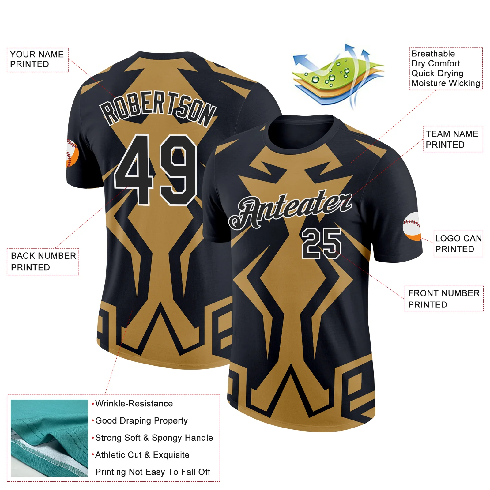 Custom Black Old Gold-White 3D Esports Performance T-Shirt - Image 2