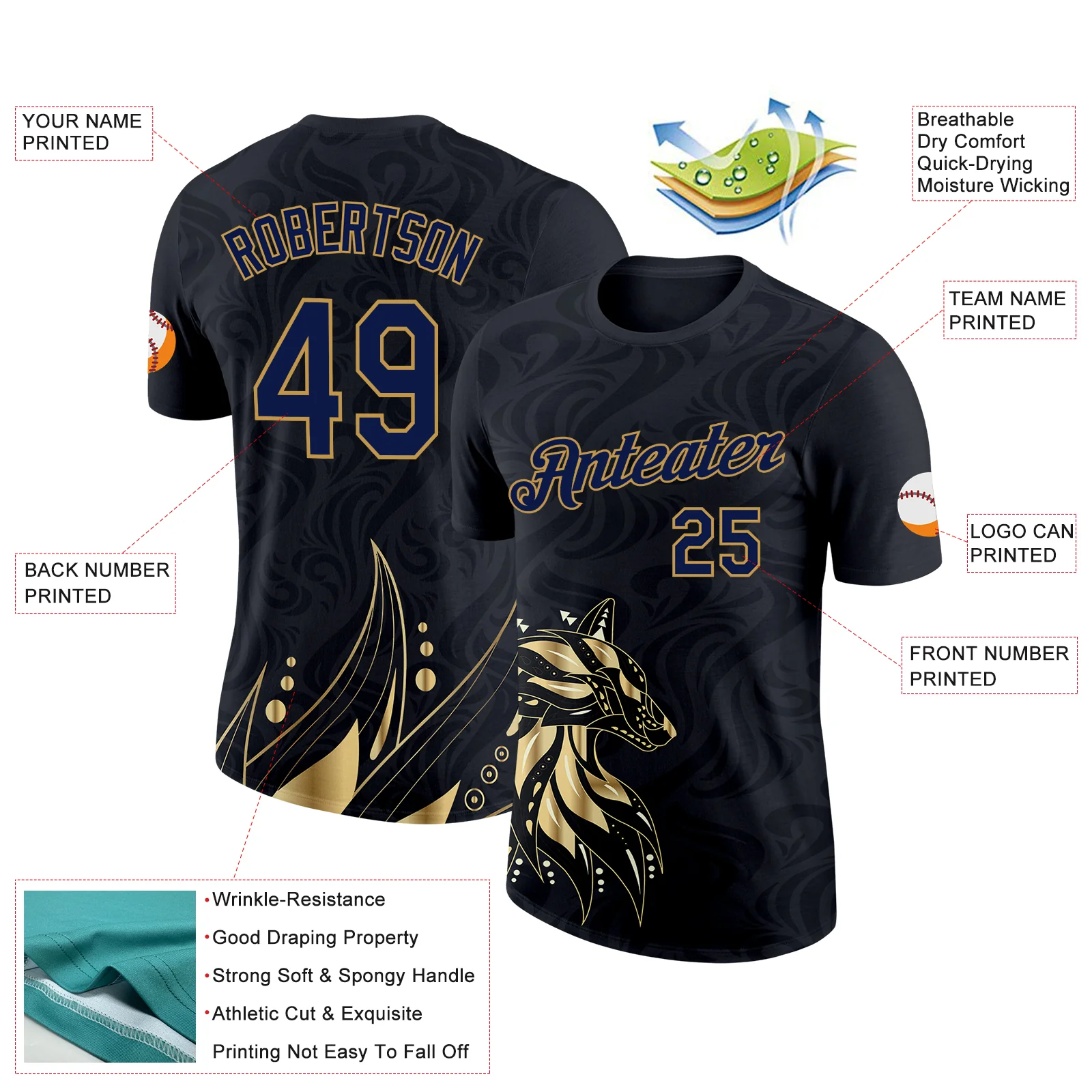 Custom Black Navy-Old Gold 3D Esports Performance T-Shirt - Image 2