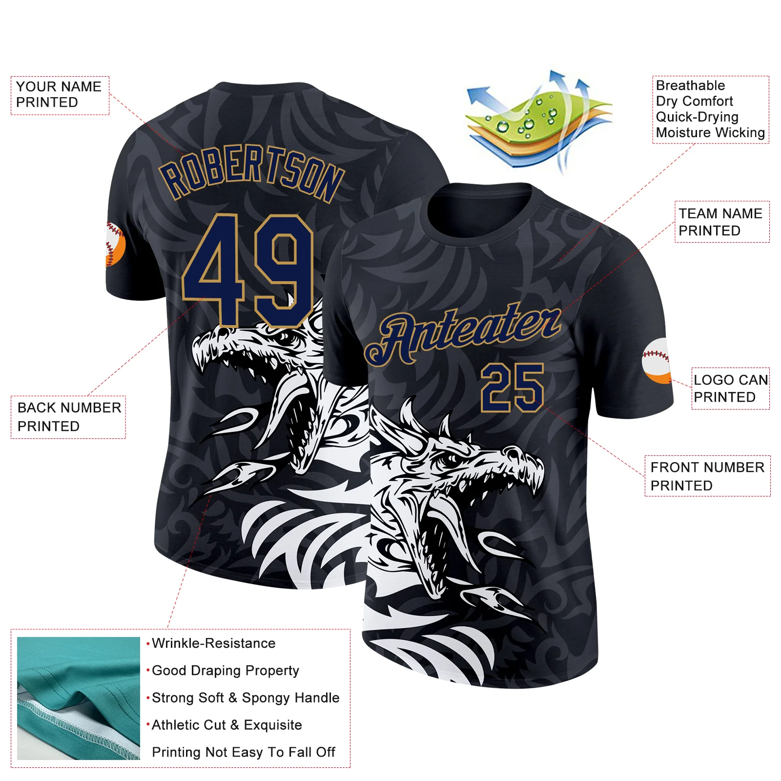 Custom Black Navy-Old Gold 3D Esports Performance T-Shirt - Image 2