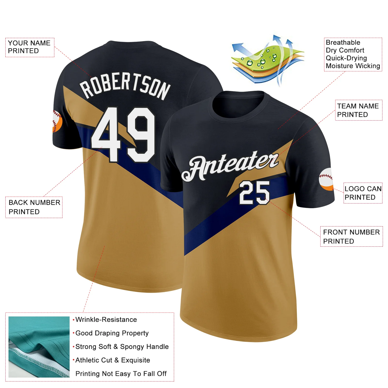 Custom Black Old Gold-Navy 3D Esports Performance T-Shirt - Image 2