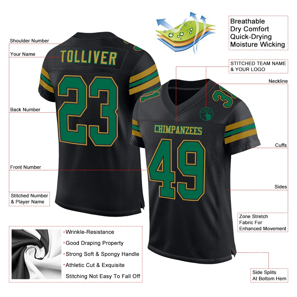 Custom Black Kelly Green-Old Gold Mesh Authentic Football Jersey - Image 2