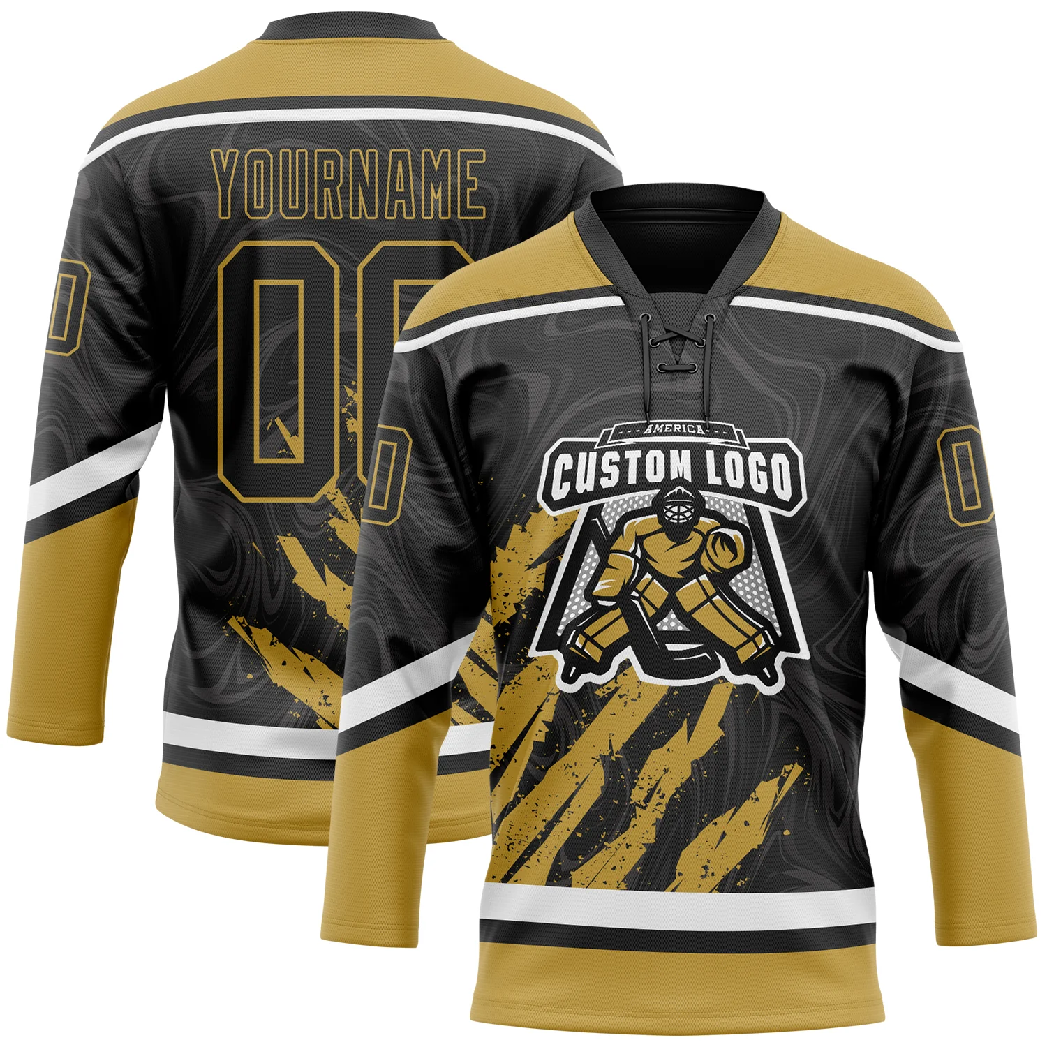 Custom Black Old Gold-White 3D Splash Art Hockey Lace Neck Jersey - Image 2