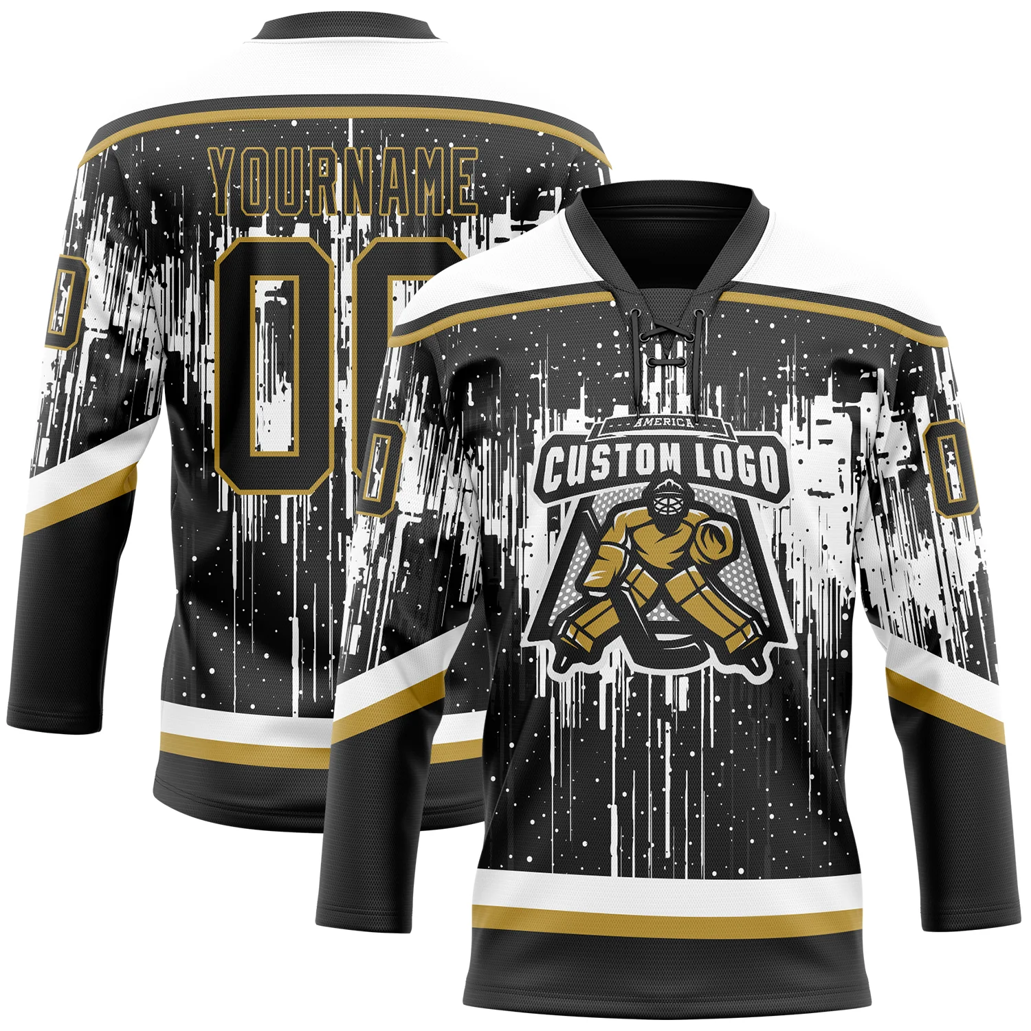 Custom Black Old Gold Steel Gray-White Dripping Splatter Pattern Hockey Lace Neck Jersey - Image 2