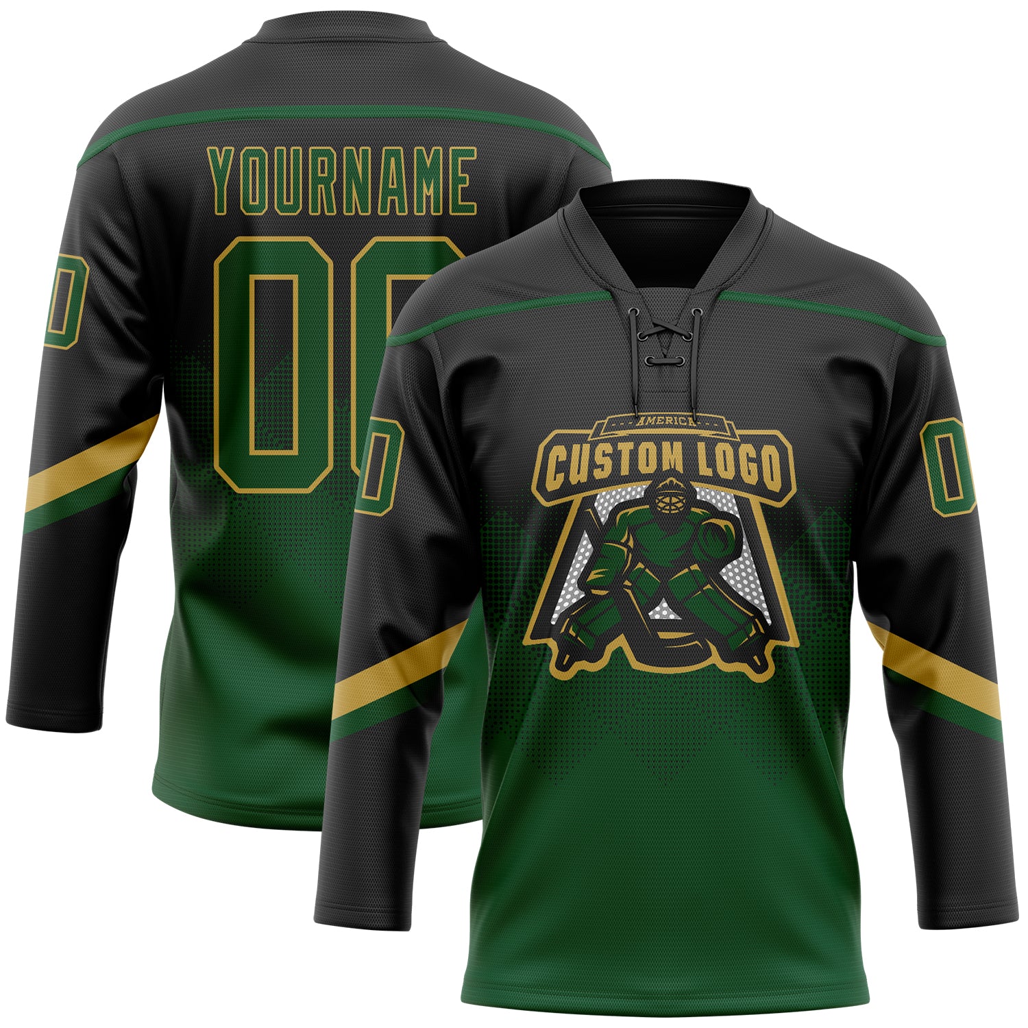 Custom Black Green-Old Gold 3D Pattern Gradient Square Shapes Hockey Lace Neck Jersey - Image 2