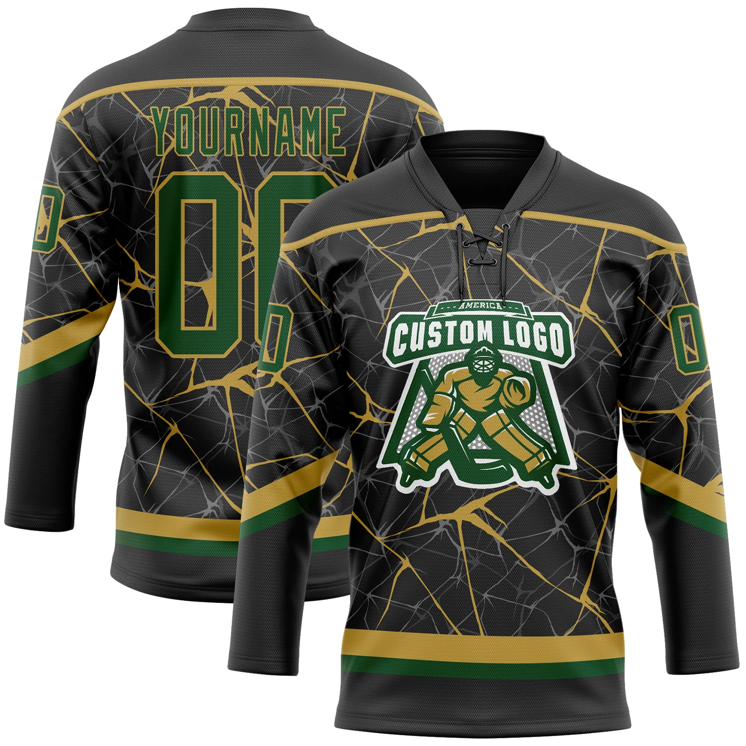 Custom Black Green-Old Gold 3D Pattern Abstract Network Hockey Lace Neck Jersey - Image 2