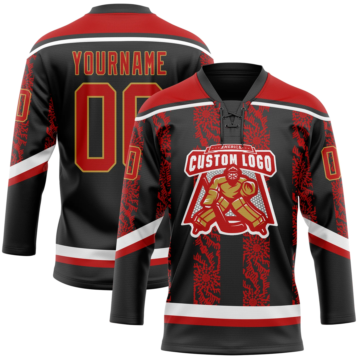 Custom Black Red Old Gold-White 3D Pattern Abstract Shape Hockey Lace Neck Jersey - Image 2