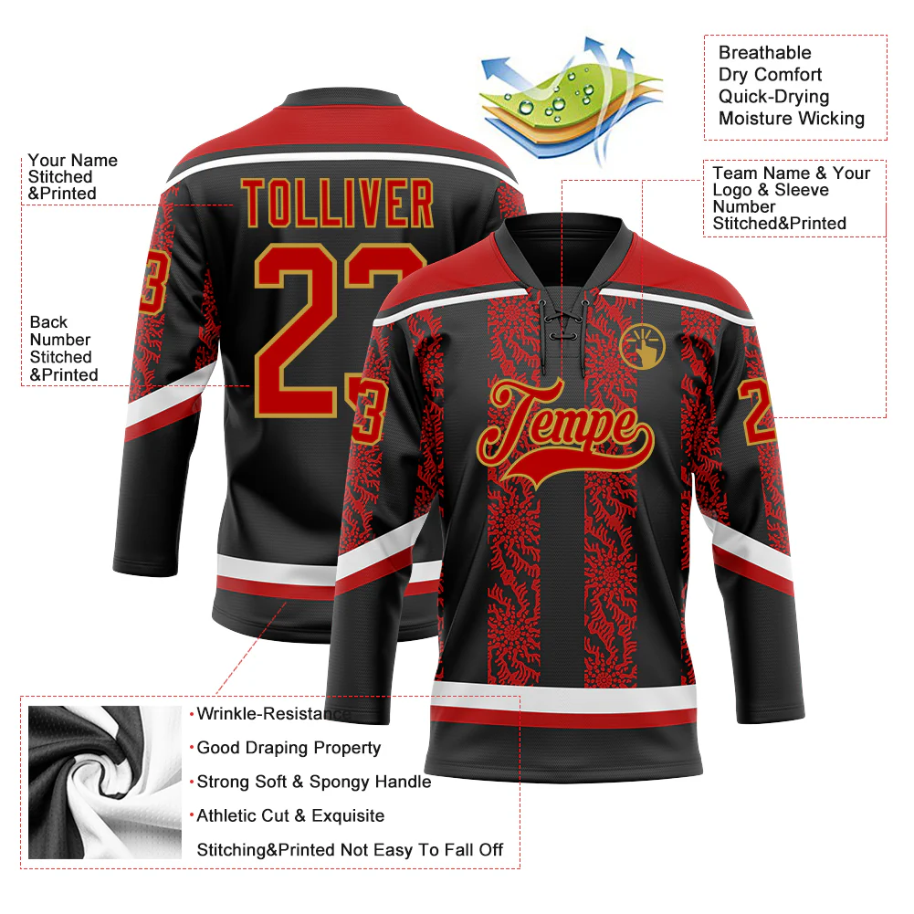 Custom Black Red Old Gold-White 3D Pattern Abstract Shape Hockey Lace Neck Jersey - Image 3