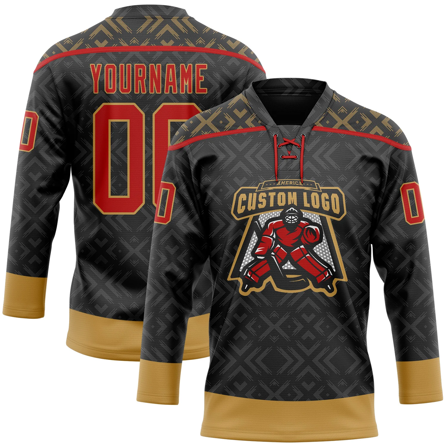 Custom Black Red-Old Gold 3D Pattern Native Americans Tribal Indigenous People Hockey Lace Neck Jersey - Image 2