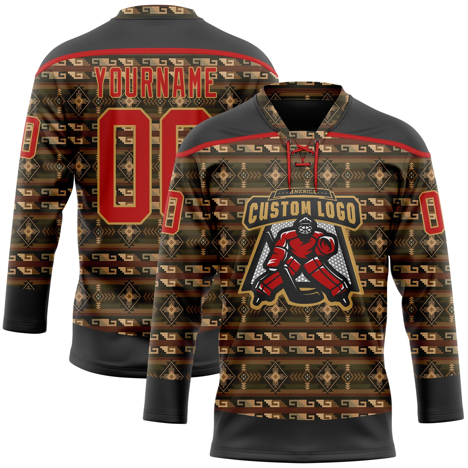 Custom Black Red-Old Gold 3D Pattern Native Americans Tribal Indigenous People Hockey Lace Neck Jersey - Image 2