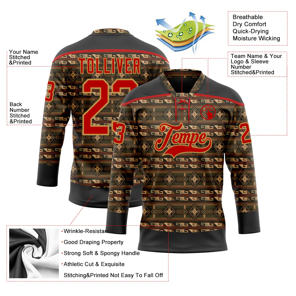 Custom Black Red-Old Gold 3D Pattern Native Americans Tribal Indigenous People Hockey Lace Neck Jersey - Image 5