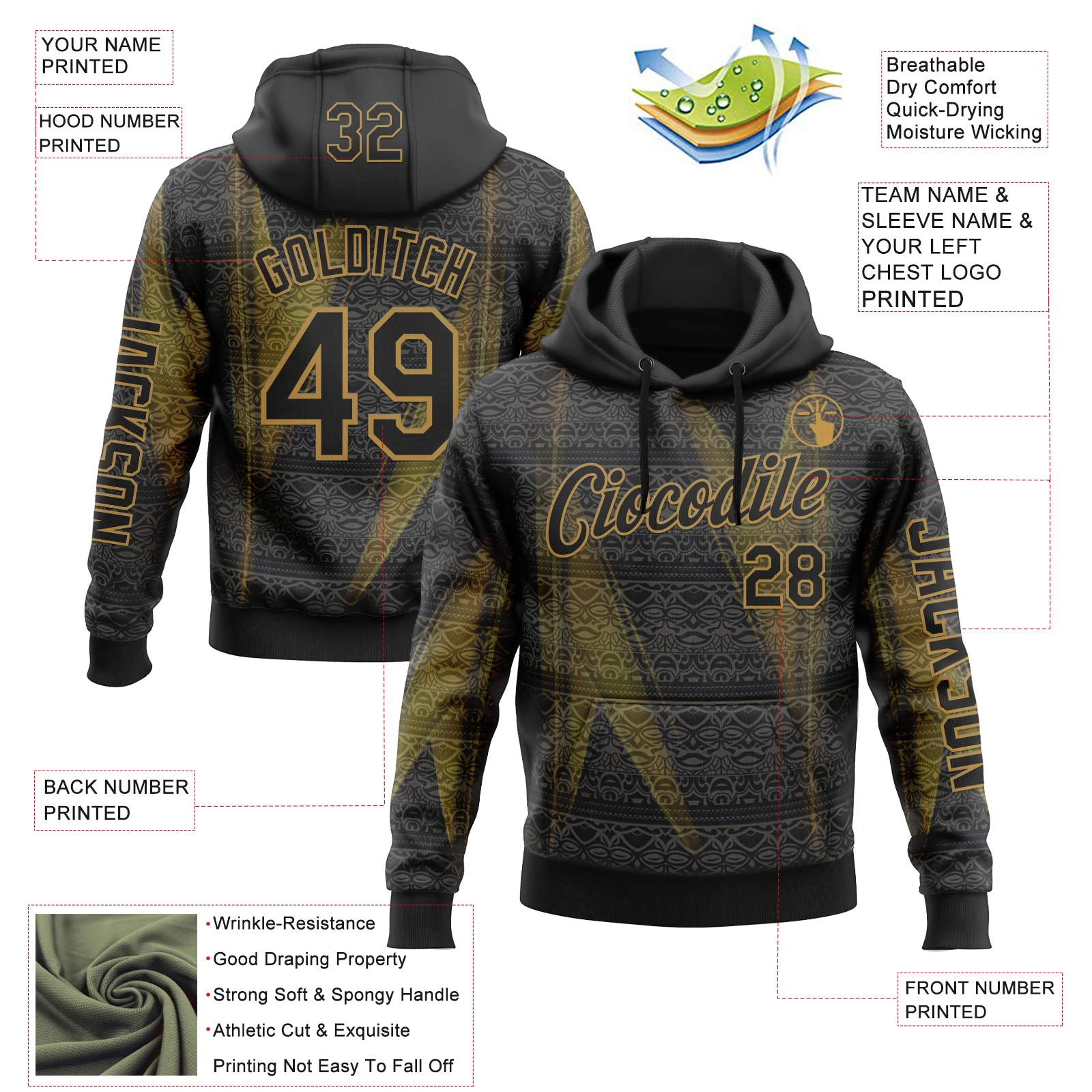 Custom Black Old Gold 3D Pattern Design Ethnic Tribal Sportswear Pullover Sweatshirt Hoodie - Image 2